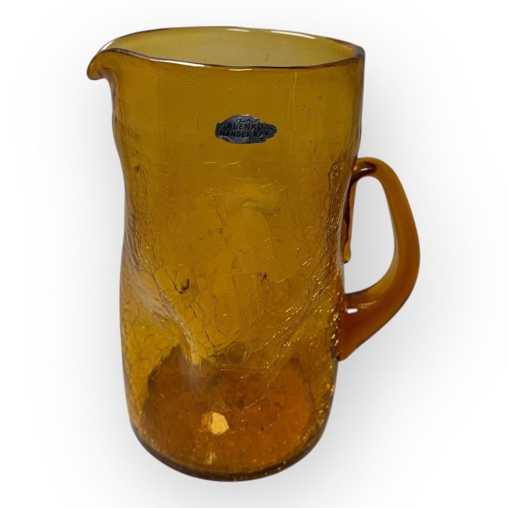 VTG Blenko Blown Glass #6714 Wheat Amber Crackle Dimple Pinch Pitcher 96oz Large
